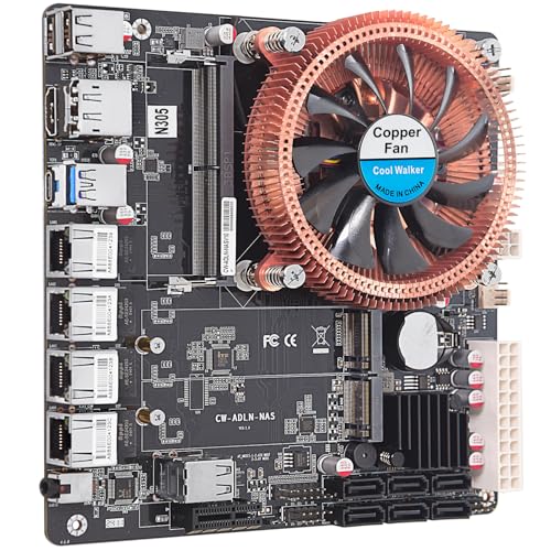 N305 NAS Motherboard, NAS Mainboard, Mini ITX Mainboard mit Intl i3 Prozessor, 4*Intl i226 2.5G LAN 6*SATA3.0 1*DDR5 2*M.2 NVMe 3.0x1, Mini ITX Board mit Lüfter