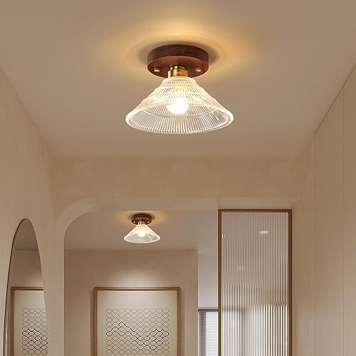 Miniatura 5 de Mid Century Modern Semi Flush Mount E26E27 Base Ceiling Light with Glass Shade Wood Close to Ceiling Lamp for Bedroom Dining Room Hallway Entryway