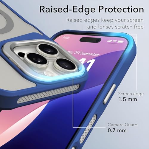 Image of eller sante Roxane Magpro Back Cover Case for iPhone 16 Pro Scratch Resistant Camera Screen Protector TPU Shockproof with Stand Holder Mag-Safe Wireless Charging- Blue