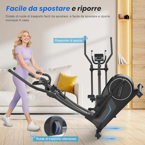 Neezee Ellittica Professionale Per Casa, Ellittica Ultra Silenziosa Con 16 Livelli Di Magnetico Resistenza, Volano Da 8 Kg, Falcata Da 42Cm, Peso Massimo 150 Kg, Compatibile Con App, Schermo Lcd - 8