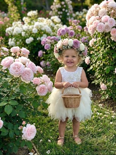 2Bunnies Girl Beaded Peony Lace Back A-Line Tiered Tutu Tulle Flower Girl Dress (Ivory Short Sleeveless, 6M) - Thumbnail 2