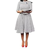 VERWIN Three Quarters Sleeve Knee-Length Pullover Plaid Women's Retro Dress Midi Dress XXL White