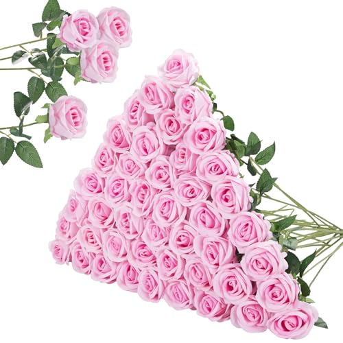 InnoGear 50 Pcs Pink Roses Artificial Flowers, Fake Velvet Silk Rose Bulk Faux Flower for Decoration DIY Wedding Centerpieces Proposal Bridal Bouquets Shower Party Home Floral Decor (50, Pink)