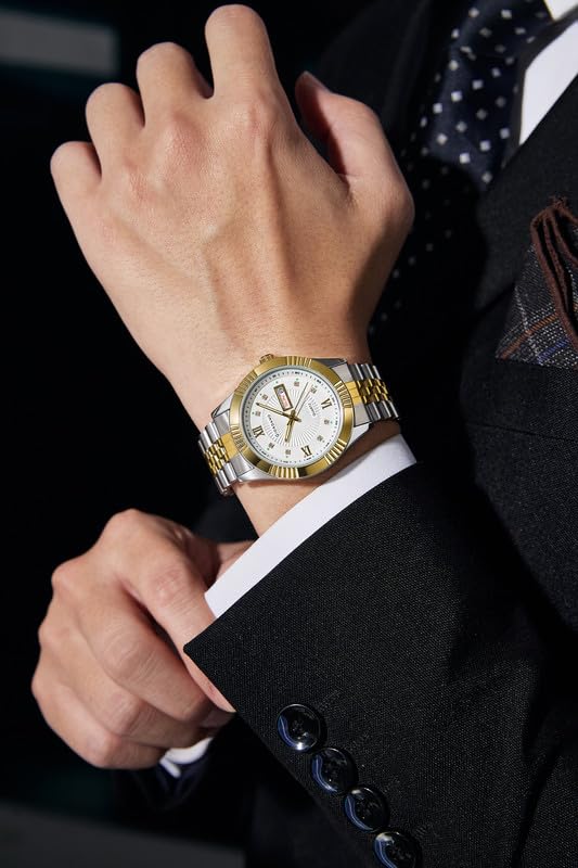 Image of Giordano Classic Analog Quartz Watch for Men with Textured Dial, Fluted Bezel, Day & Date Display & Two-Tone Stainless Steel Strap