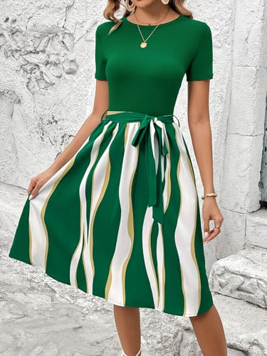 Image of Women's Elegant Vintage Round Neck Short Sleeve Summer Casual Work Party A-Line Dress with Belt 809