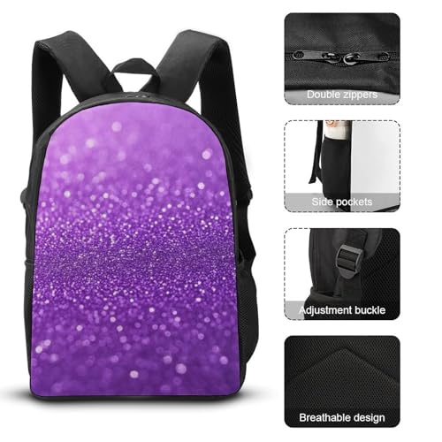 17 Inch Backpack with Lunch Bag and Pencil Case Set Purple Glitter Sparkle Pattern Casual Daypack Insulated Lunch Box Stationery Organizer Pouch3
