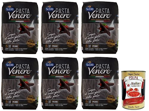 Riso Scotti Pasta Venere Penne Rigate,Pasta de sémola de trigo duro y harina de arroz integral negro Venere, paquete de 400 g + lata italiana Gourmet Polpa di Pomodoro de 400 g