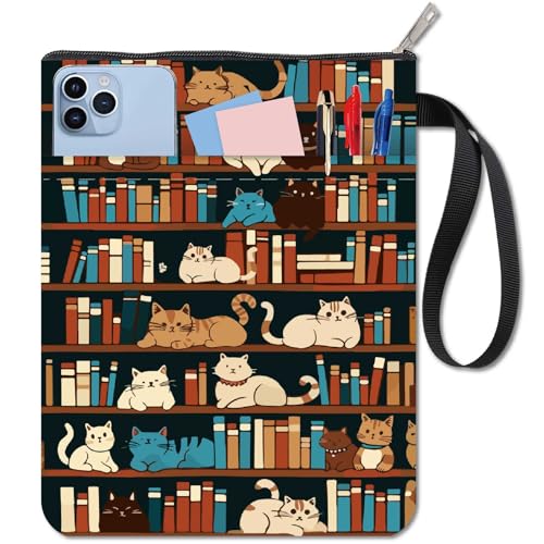 CRASPIRE Copertine per Libri A Forma di Gatto per Scaffali per Libri per Libri Tascabili in Tessuto Lavabile con Cerniera e Tasca Extra per Gli Amanti dei Libri Regali per I Compagni di Classe