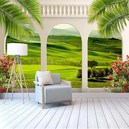 Murales Personalizados Papel Pintado Con Foto 3D Balcón Columnata Jardín Hierba Paisaje Fondo Pintura De Pared Decoración Para El Hogar 300Cm(W)×210Cm(H)