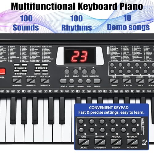 Image of 61 Key Keyboard Piano, Portable Electronic Keyboard Piano for Beginners with Speakers, Microphone, Sheet Music Stand, 100 Voices, 100 Rhythms, Digital Music Keyboard Built-In Speakers