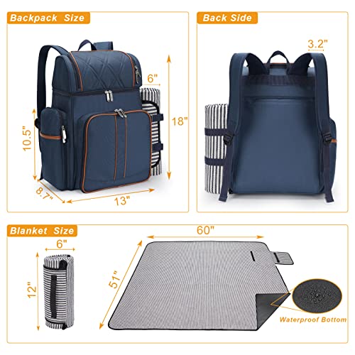 Picnic Backpack for 4,Picnic Basket Set,Leakproof Picnic Bag,Beach Cooler Backpack with Insulated Cooler Wine Pouch,Picnic Blanket, Double Deck Picnic Backpack for Beach,Camping,Park(Navy Blue)