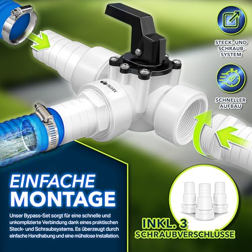 tillvex® Bypass Set Pool 12-TLG. - Ø32 & 38 mm Anschluss | 3-Wege-Ventil & ABS-Adapter | 6X Schlauchschellen & 8m Isolierband – ideal für Sandfilteranlagen, Wärmepumpen & Poolheizung