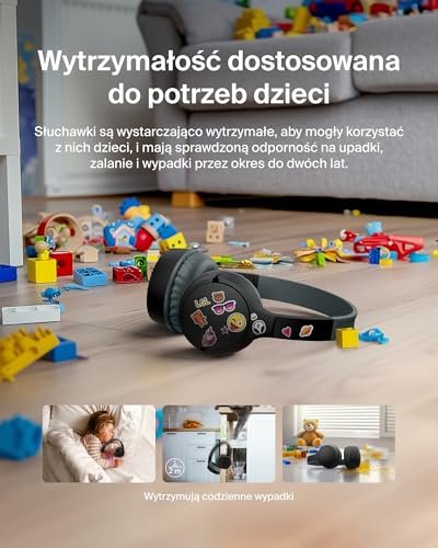 Bezprzewodowe słuchawki dla dzieci Belkin SoundForm Mini, wbudowany mikrofon, 30 h odtwarzania, z naklejkami – nauszne słuchawki do nauki zdalnej, szkoły, podróży, iPhone'a, iPada, Galaxy – czarne