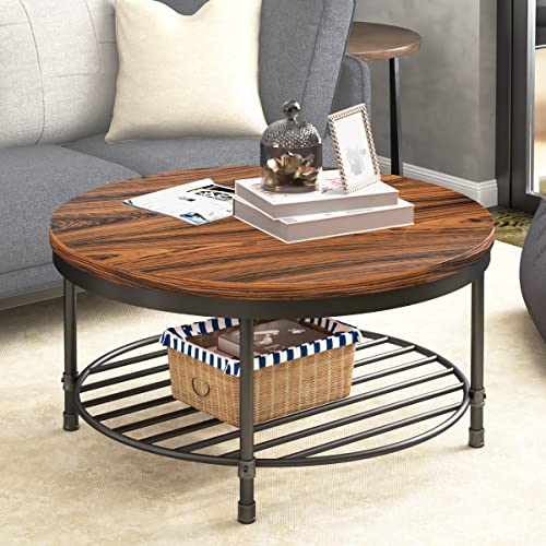 Image of Round Coffee Table, Rustic Wood Surface Top & Sturdy Metal Legs Industrial Sofa Table for Living Room Natural End Table Modern Design Home Furniture with Storage Open Shelf(Dark Red Brown)