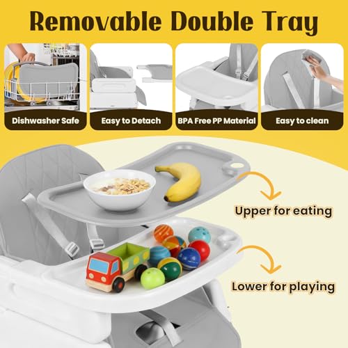 5-in-1 Baby High Chair, Convertible Booster & Play Chair, Portable Foldable Lightweight, Easy to Clean with Tray, for Babies Toddlers 6-36 Months, Gray