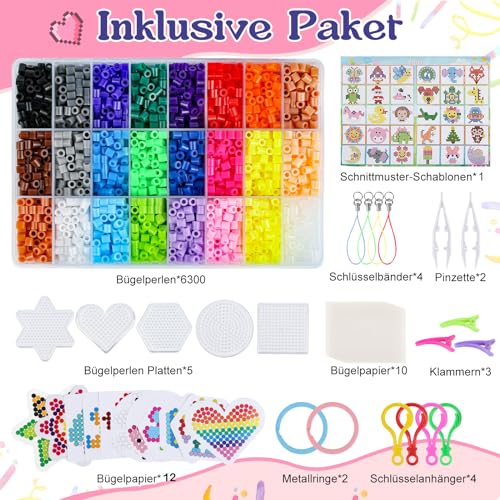 24 Farben Bügelperlen Set, 6300 Glitzer Bügelperlen 5 mm Bügelperlen Muster Bügelperlen Platten, Steckperlen Set mit Stiftplatte, Bügelpapier, Pinzette, DIY-Perlen für Kinder Weihnachten Geburtstag