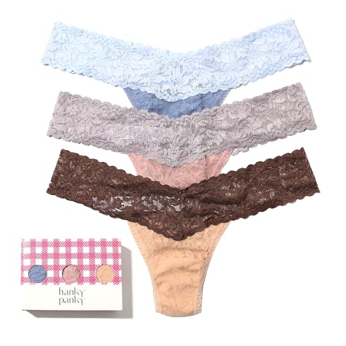 hanky panky - Signature Lace Low Rise Thongs for Women | One Size (2-12) | Comfortable Lacy Lingerie Panties | Chambray/Periwinkle, Desert Rose/Steel, Honey/Dutch Chocolate | 3 pack2