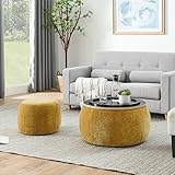 Ball & Cast Round Upholstered Storage-Ottoman Set with Wood Tray, Large Storage Coffee Table w/Footstool & Removable Lid, Dia 25' Padded Bench & End Side-Table for Living Bedroom, Yellow