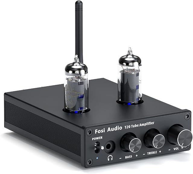 Fosi Audio T20 - Bluetooth Tube Amplifier Stereo Receiver 2 Channel Class D Digital Mini Hi-Fi Power Amp aptX Compact Integrated Headphone Amplifier for Home Passive Speakers with 6J4 Vacuum tubes