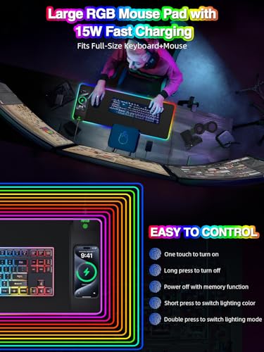 Image of Wireless Charging Mouse Pad, 31.5 inchx11.81 inch XL Gaming Mousepad with 11 RGB Colors & 5 Lighting Modes, Home Office Large Desk Pad, Ultra-Smooth Surface, Non-Slip, Waterproof Keyboard Pad Black Desk Mat