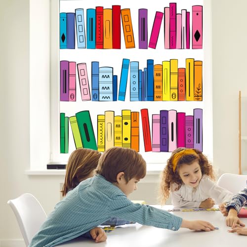 Image of Whaline 9 Sheets Back to School Window Clings Colorful Bookshelf Window Decal Rainbow Color Books Reusable Anti-Collision Glass Sticker for First Day of School Classroom Decor