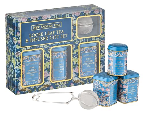 New English Teas Loose Leaf Tea & Infuser Gift Set – 3 Song Thrush Tins with Breakfast, Earl Grey & Afternoon Blends with Loose Tea Infuser