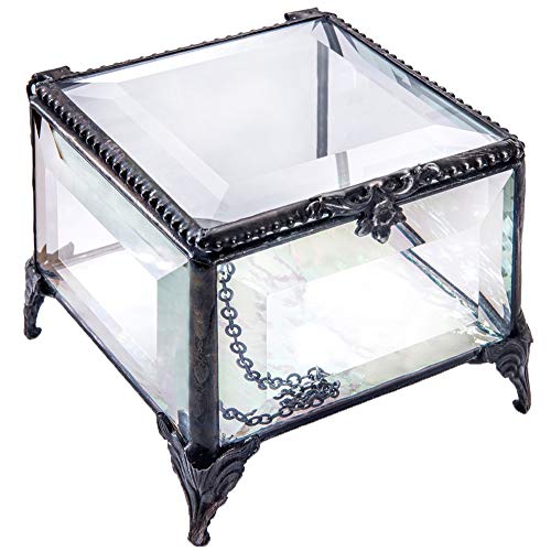 Clear Beveled Glass Jewelry Box – Iridescent Keepsake Box with Hinged Lid, Decorative Feet, Perfect for Wedding, Anniversary, and Special Occasions