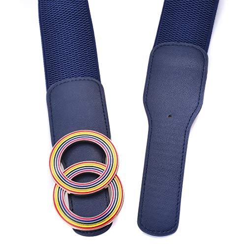 Women’s Elastic Stretch Wide Waist Belts w Double Rings Rainbow Buckle4