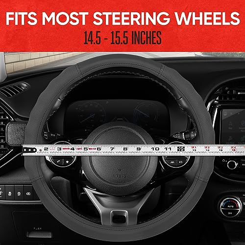 Image of Motor Trend Soft Touch Leather Gray Steering Wheel Cover with Grooves, Advanced Traction Universal Fit for Standard Sizes 14.5 15 15.5 inches