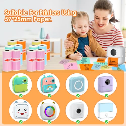 Image of HuiJuKeJi 12 Rolls Mini Printer Sticker Paper Self Adhesive 57x25mm 12 Rolls Color Paper for Inkless Portable Bluetooth Printer for Printing Photos, Notes