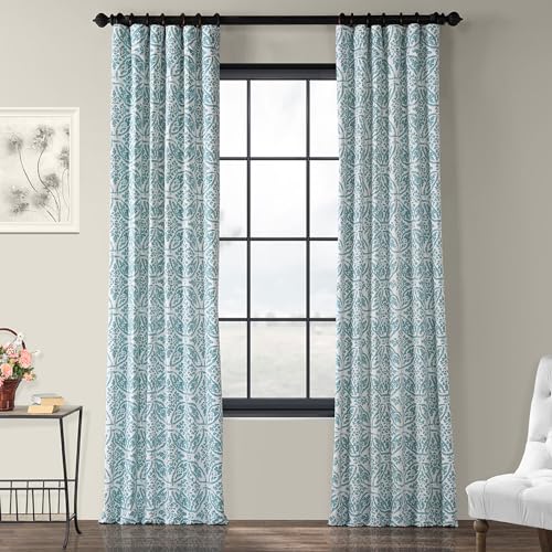 Image of HPD Half Price Drapes Printed Geometric Floral Curtains 96 Inches Long Luxury Cotton Curtain (1 Panel) Room Darkening Window Curtains for Bedroom & Living Room, 50W x 96L, Geometric Floral Aqua