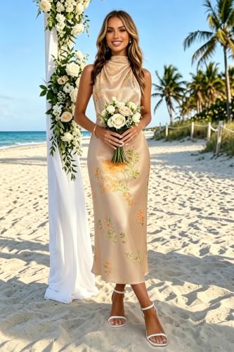 Image of Women's Satin Maxi Dress Summer Formal Wedding Guest Cocktail Dress