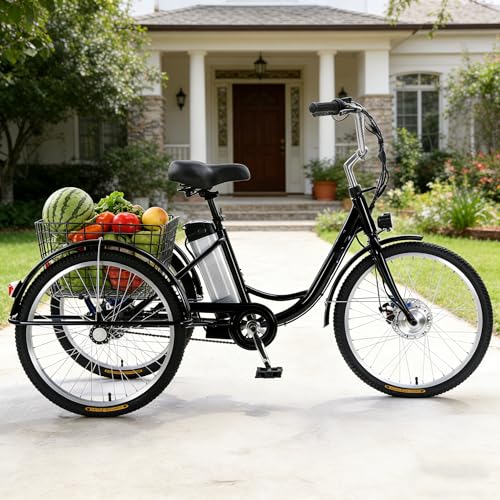 HpJfdsU Bicicleta Eléctrica De 3 Ruedas para Adultos (Carga De 150 Kg) + Batería De Litio (36 V/12 Ah) + Cesta De La Compra, Eléctrica/Asistida/Pedal, Altura Ajustable (29,5''-33,4'') Black