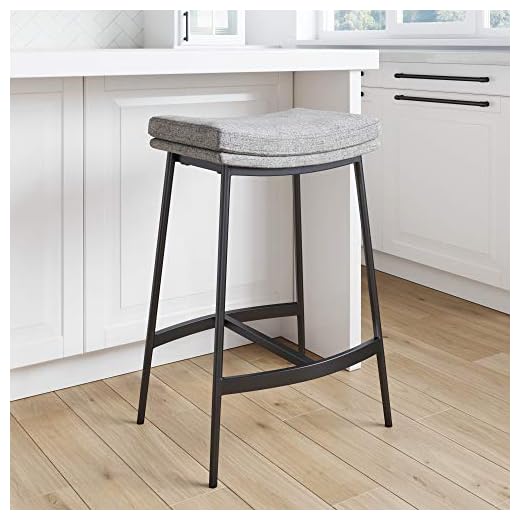 Nathan James 22201 Arlo Modern Backless Upholstered Kitchen Counter Bar Stool with Double-Layered Saddle Seat and Metal Base, Grey/ Matte Black