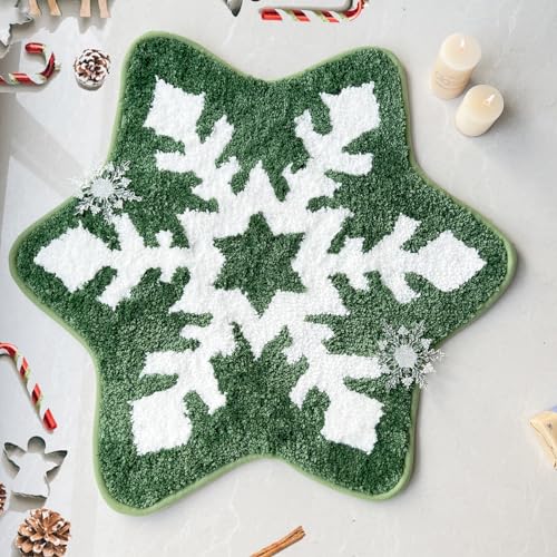 YRXRUS Christmas Snowflake Bathroom Rug, Christmas Decorations, Green White Snow Shaped Mat, Living, Bedroom, Kitchen, Children's Room, Porch Mat, Accent Area Rugs 25.6x25.6 inches