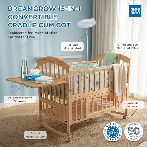 Image of Mee Mee.Dream Grow Baby Cot 15-in-1 Convertible Cradle Cum Cot | Solid New Zealand Pinewood | Bedside Co-Sleeper | 6-Level Height | Rocking Cradle |Toddler Bed |Kids Study Table | BIS & EN Certified