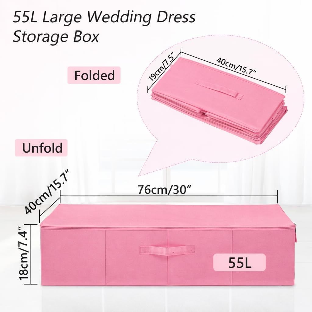 Large Wedding Dress Preservation Box Kit, Wedding Dress Storage Box with 30 Sheets of Acid-free Tissue Paper, Microfiber Gloves, Dust-proof Bag and desiccants, Pink, 30 x 15.7 x 7.4 In