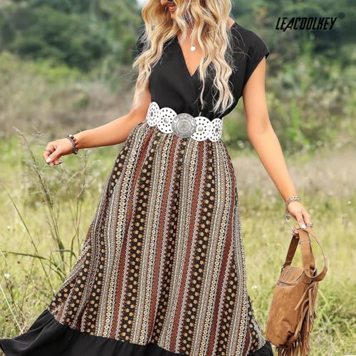 Image of LEACOOLKEY Women's Boho Disc Belt Wide Western Leather Belt Vintage Concho Waist Belts for Dress Jeans