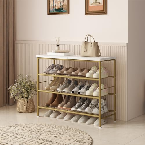 Image of SUOERNUO Shoe Rack Organizer 4 Tier for Closet Entryway Free Standing Metal Storage Shoe Shelf with MDF Top Board,Gold