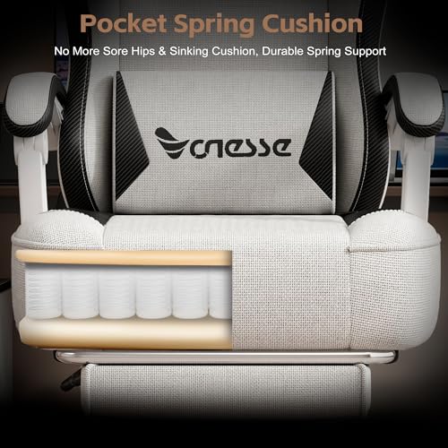Image of Vonesse Gaming Chair, Office Chair with Linen Breathable Mesh Fabric, Desk Chair with Adjustable Lumbar Support, Executive Computer Chairs with Footrest and Headrest (Beige White)