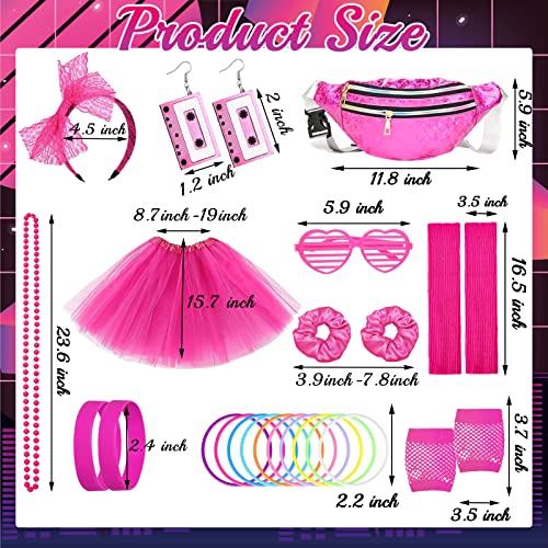 80s Costume Outfits Accessories Set for Women 1980s Fancy Dress Party Kits with T-shirt Tutu Bumbag Headband Earring Necklace Fishnet Gloves Leg Warmers Glasses Bracelet Scrunchies for Women Dress up - Image 2