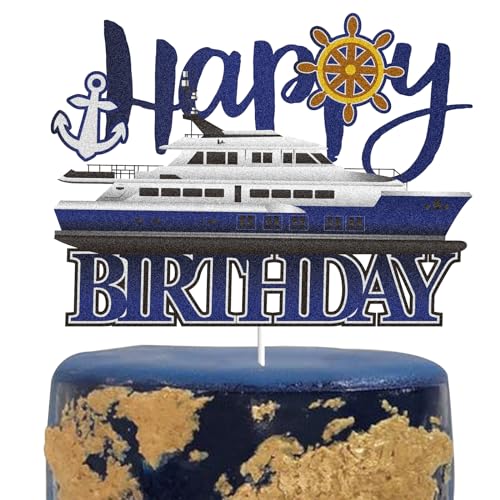 Yacht Nautical Happy Birthday Cake Topper Blue Glitter Yacht Ship Anchor Cake Decoration Ocean Steamship Boat Yachting Birthday Theme Party Supplies