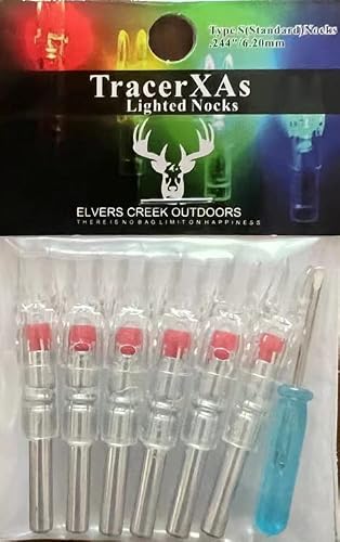 Elvers Creek Outdoors TracerXAs Lighted nocks, for Standard Size S Arrows. Six Simple insertable Arrow nocks.244''/6.2mm Inner Diameter. Great for Bow Hunting, Backyard Targets, and Compound Bows.