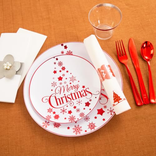 Morejoy 175PCS Christmas Plastic Dinnerware Set - White/Red Plates & Red Plastic Silverware Include 25 Plates, 25 Cups, 25 Forks, 25 Knives, 25 Spoons, 25 Napkins Perfect for Holidays – Image 5