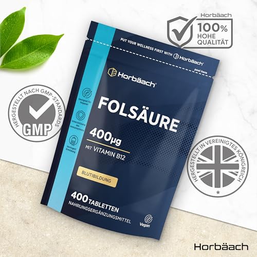Folsäure 400 µg Tabletten | 1 Jahr Vorrat - 400 Vegane Tabletten | Optimal Vitamin B9 mit Vitamin B12 | von Horbaach