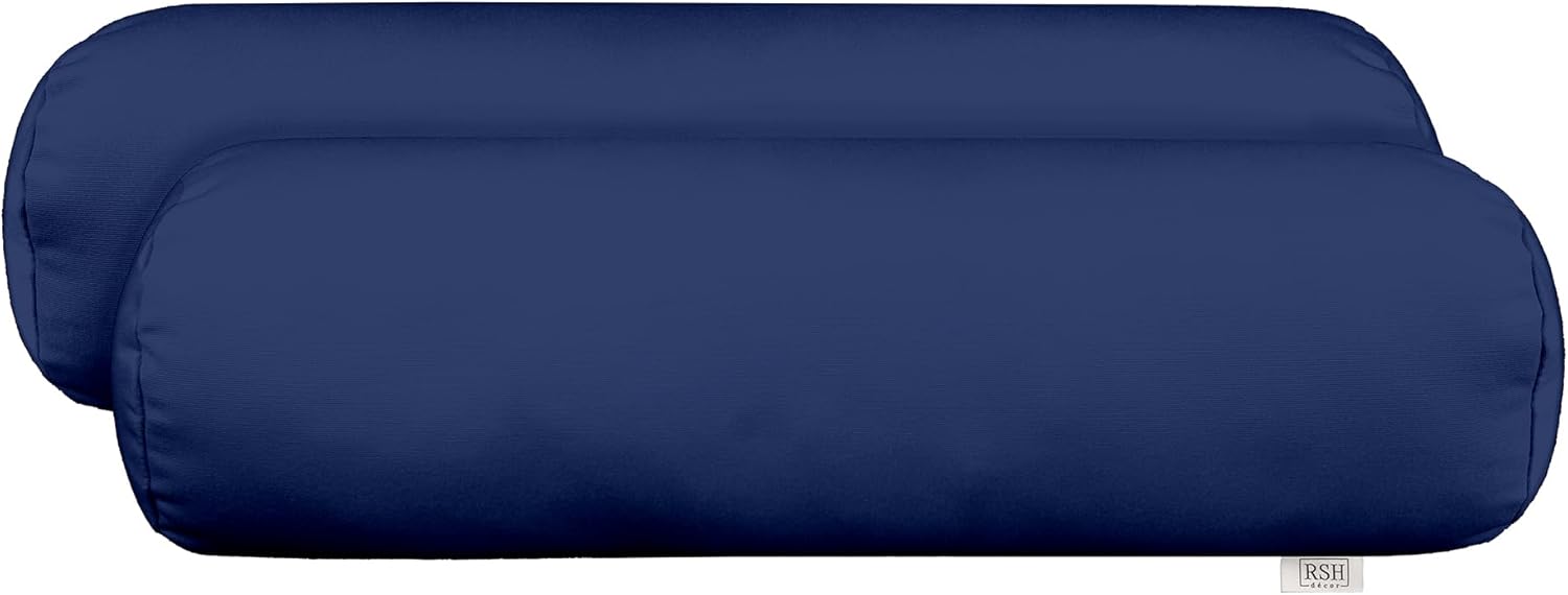 RSH Decor Sunbrella Set of 2 Bolster Pillow Decorative Neck Roll Cylinder Pillows, 20” x 6” Round Bolster Pillow for Bed, Water-Resistant Fabric, Indoor/Outdoor Use, Navy Blue - Made in USA