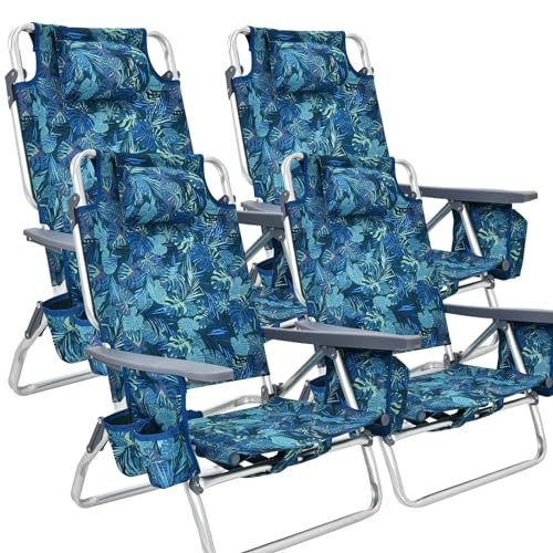 Goplus Beach Chair, 4 Pack Folding Backpack Beach Chairs for Adults with 5 Positions, Head Pillow, Cooler Bag, Towel Bar, Cup Holders, Sunbath Sling Tanning Lounge, Folding Layout Camping Chairs