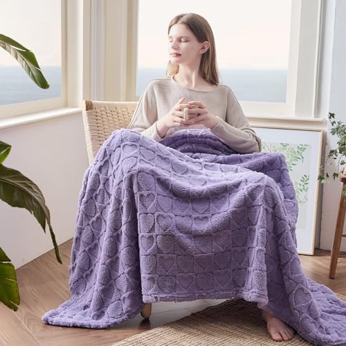 NEWCOSPLAY Super Soft Twin Blanket Lavender Love Premium Silky Flannel Fleece 3D Heart Checkered Lightweight Bed Blanket All Season Use (Lavender Love, Twin(60"x80"))