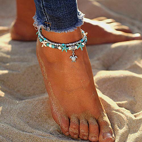 Suyi Sea Turtle Ankle Bracelet Set Multilayer Beach Anklets Handmade Boho Anklets For Women Girls 5Pcs #TOP1