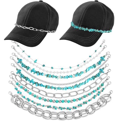 Image of Geyoga 9 Pcs Trucker Hat Chains Trucker Hat Charms Women Man Bill Decoration Detachable DIY Metal Chain for Mesh Baseball Cap(Silver Green,Turquoise)